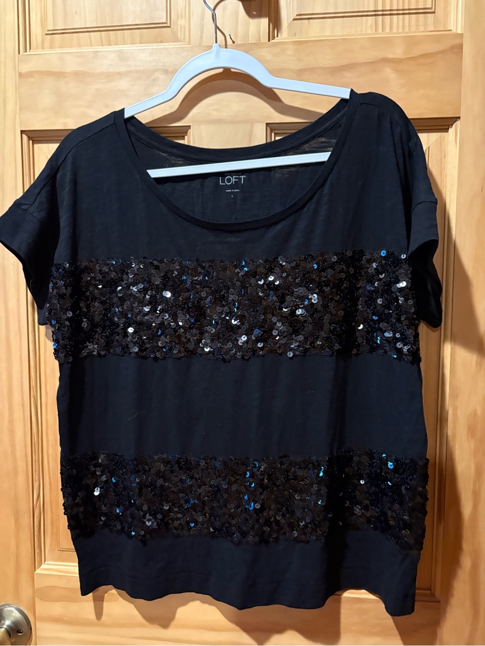 LOFT Black Sequin Striped Short Sleeve Top women’s Size L